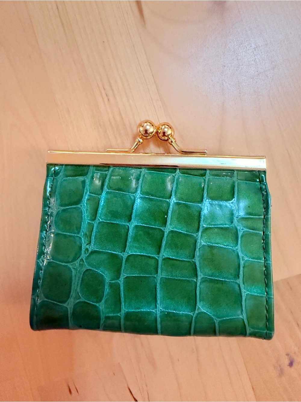 Vintage Abas Green Croc Embossed Leather Kiss Lock Frame Coin Purse Wallet